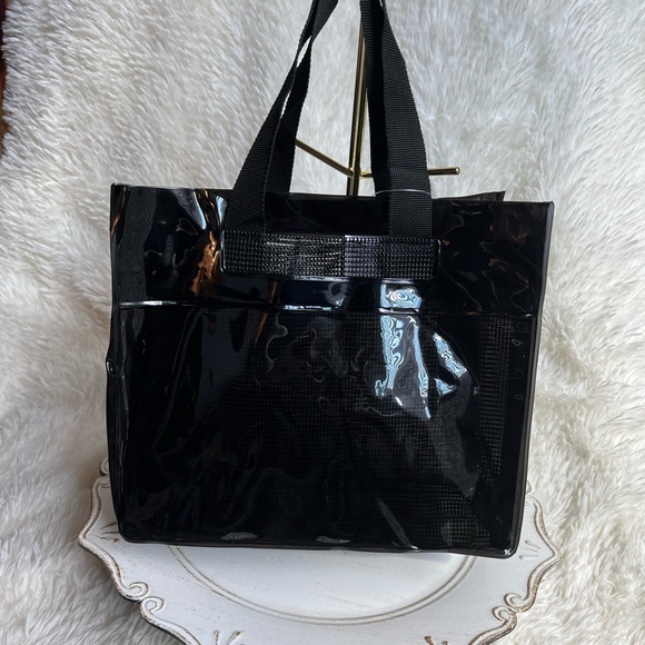 🥳 2pc mini vinyl tote bag with mesh liner black nwt - Picture 4 of 11